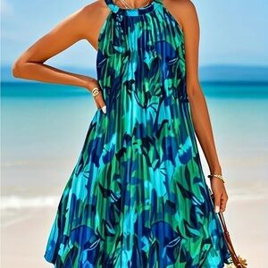Blue and Green Halter Neck Swim Dress
